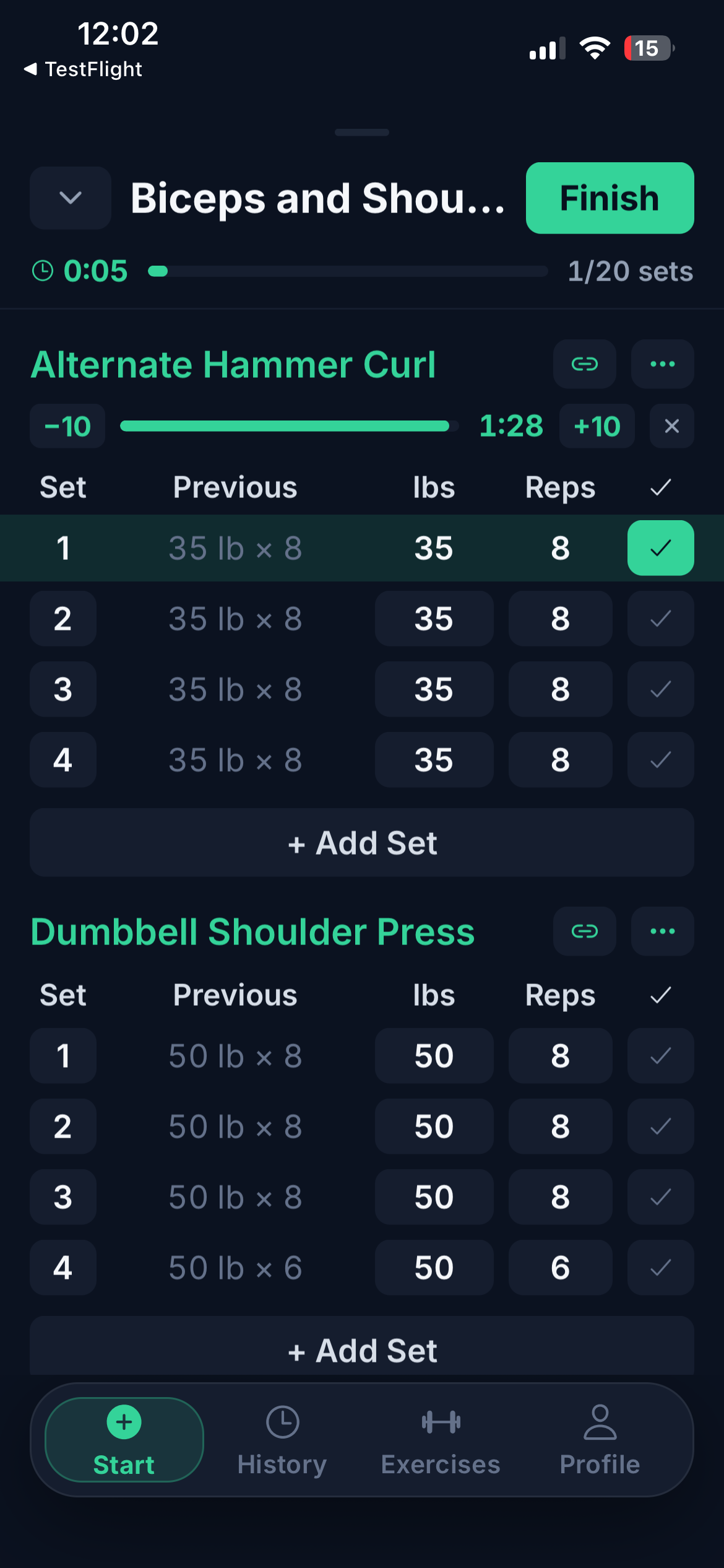 Lift workout screen showing logged sets, previous weights, and a rest timer